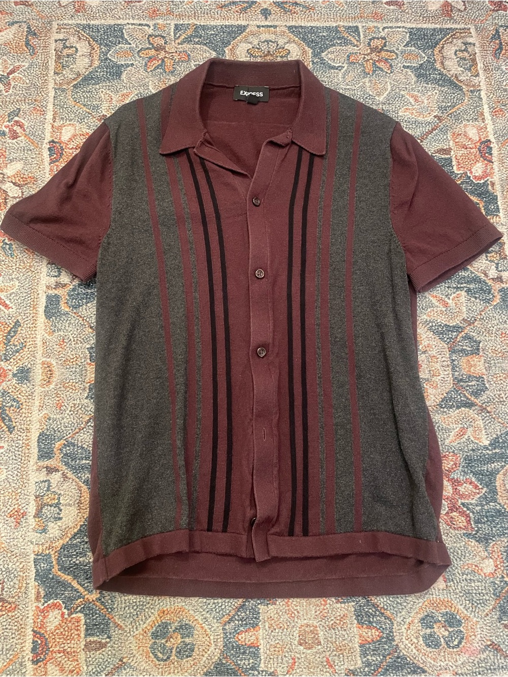 Express Men's Burgundy and Charcoal Short-Sleeve Button-Down Shirt